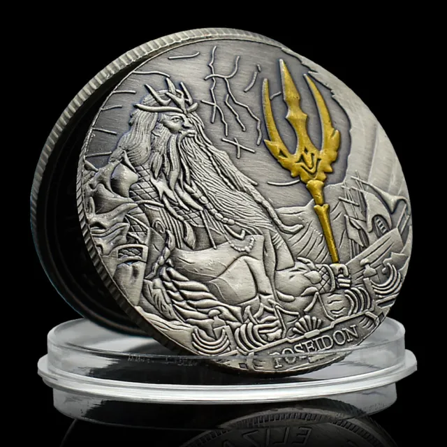 Poseidon Nickel Coin Twelve Olympians Challenge Medal Golden Trident Token Gift