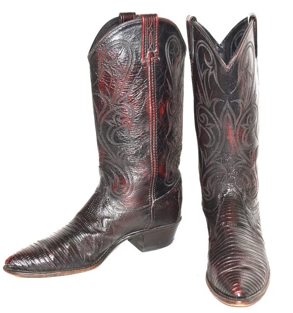Vtg Dan Post Black Cherry Red Teju Lizard Cowgirl Western Boots Women's 10 M USA