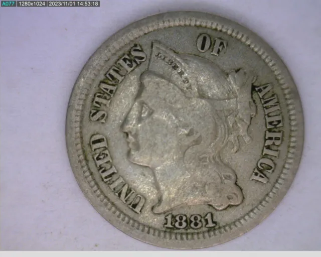 1881 three cent nickel (39-429 11m3)