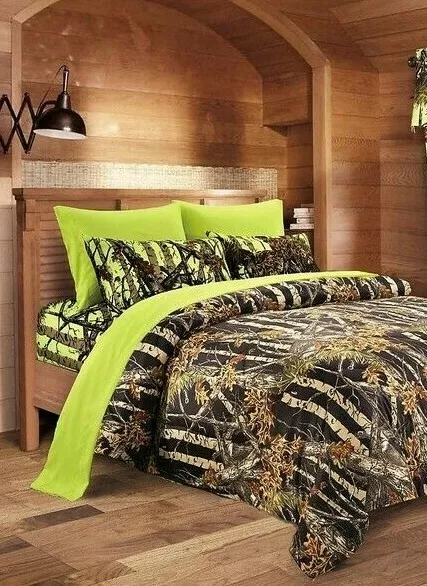 7 Pc Cal King Black Woods Camo Comforter And Lime Sheet Set California King