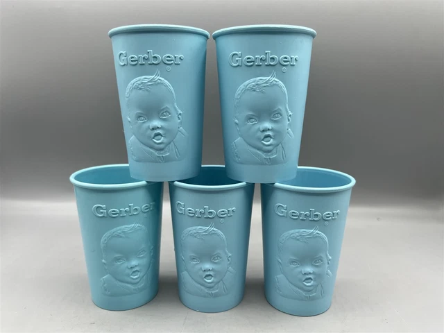 Vintage Gerber Baby Foods Lot Of 5 Blue 3" Cup Raised Face And Logo