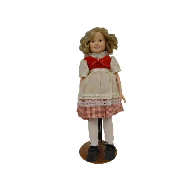 14" Porcelain Shirley Temple Doll Danbury Mint Heidi Red Check Skirt Stand DR33