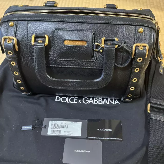 Dolce ＆ Gabbana Leather Mini Boston Shoulder bag Black Gold Belt Women Unused