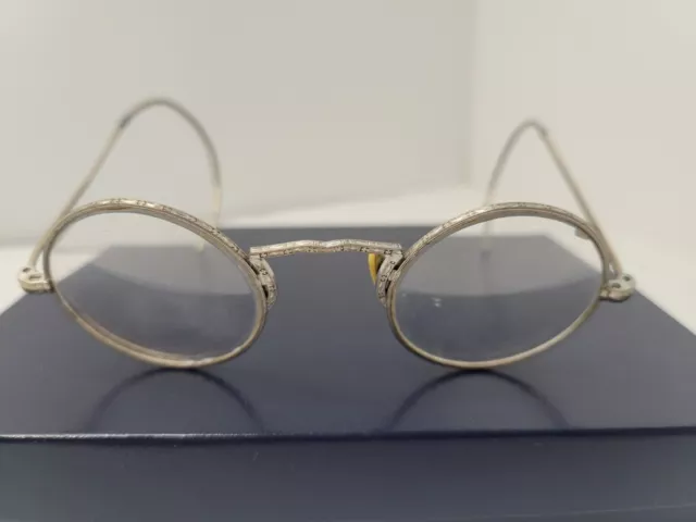 Antique Wire Rim Eye Glasses Round Marked REBEL Ornate Etchings Spectacles 1920s