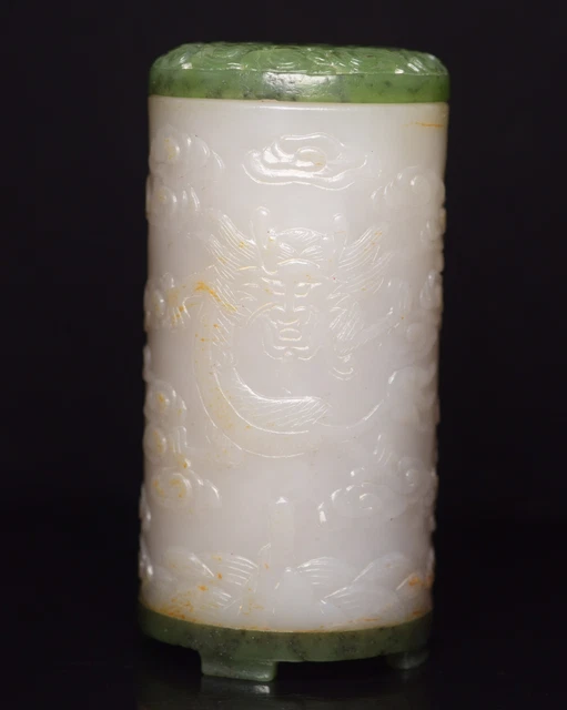 Chinese Exquisite Handmade Dragon Carving Hetian Jade Statue Incense Burner