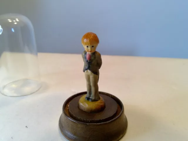 Vintage Anri Sarah Kay Wood Carved Miniature Boy with Ring Figurine W/Dome 2