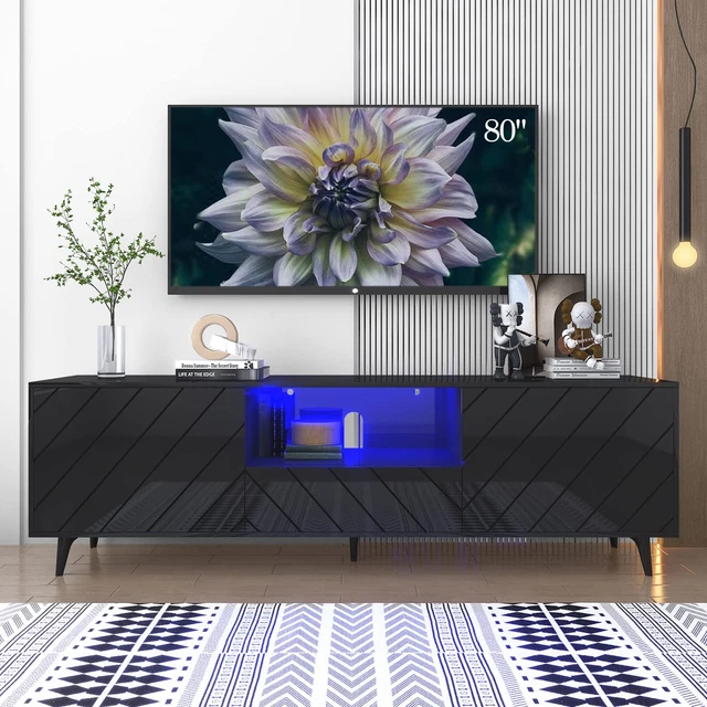 71in LED TV Stand for up 80" TV, Gloss Entertainment Center, 1 Drawer +2 Cabinet