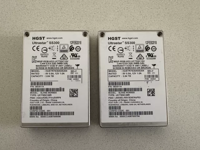 2 x HGST Ultrastar SS300 HUSTR7638ASS204 3.84TB SAS SSD's
