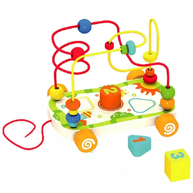 Drag The Wire Car Bead Maze Shape Sorter Wooden Blocks Pull Along Toddler Toy