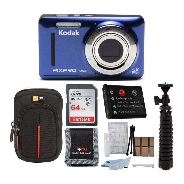 Kodak PIXPRO Friendly Zoom FZ55 Digital Camera (Blue) with 64GB SDXC Memory Card