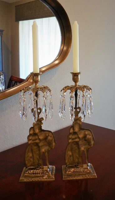 Pair Antique Victorian Couple Bronze Girandole Candelabra w/Crystal Prisms 3