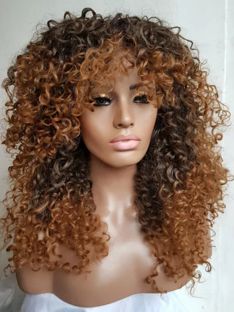 Long Brown black mix thick fluffy Ombre Big Curly Afro full wig with fringe 24"