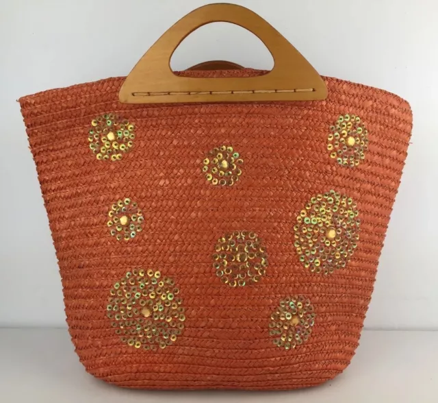 Hellorange Pailletten-Design Holzgriff Reißverschluss Stroh Rattan Boho Handtasche, sehr guter Zustand