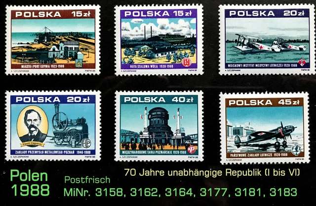 Polen 1988, **MiNr. 3158, 3162, 3164, 3177, 3181, 3183; 70 Jahre Republik