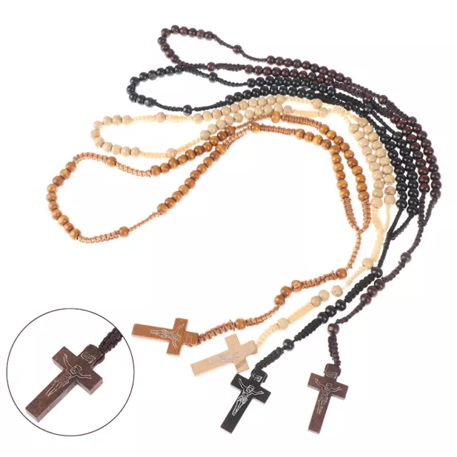 1Pc Christ Jesus Wooden Beads Rosary Bead Cross Pendant Catholic Cross Neckl~m'