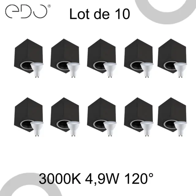 Lot de 10 Spot de plafond HALIS Noir Carré+ 10x Ampou 4,9W 120° 3000k