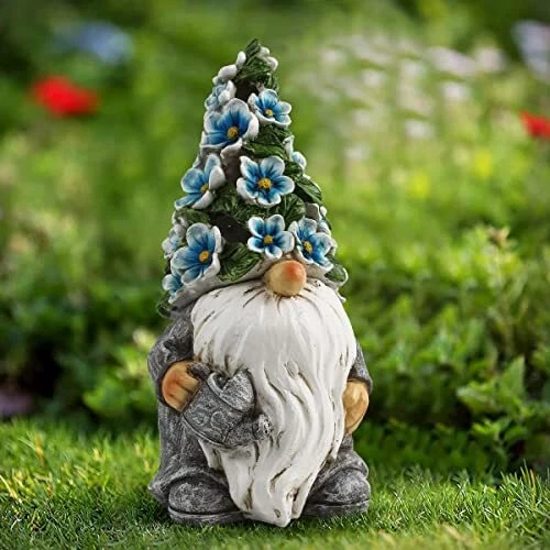 Garden Gnome Statue - Resin Gnomes Figurine -Outdoor Blueflower Gnomes
