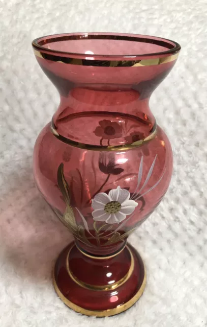 Vintage Bohemia Glass Cranberry Glass Vase Enameled Floral Gilded 20cm Tall