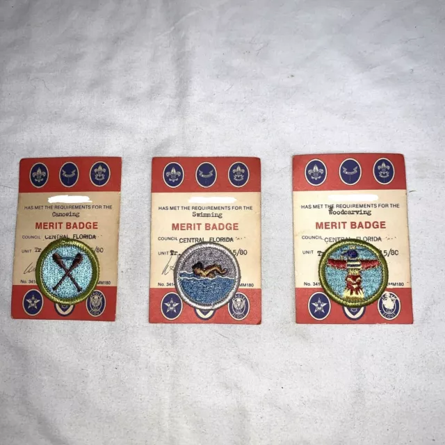 Boy Scouts Merit Badges Canoeing Swimming Woodcarving Lot Of 3 1980 Vintage BSA