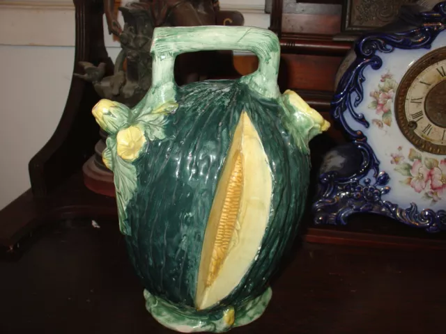 Antique Majolica Porcelain Squash Jug Pitcher Green Yellow Pottery Top Handle