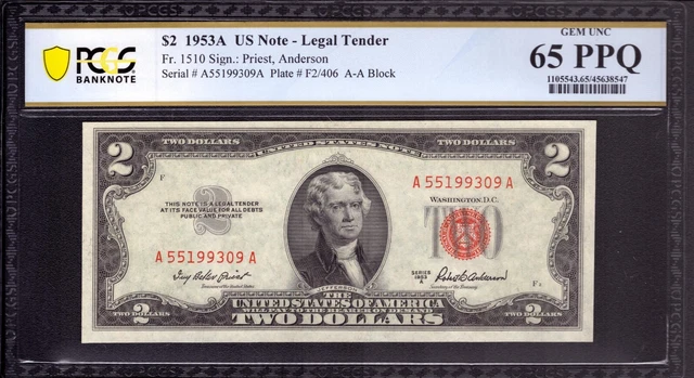 1953 A $2 Legal Tender Red Seal Note Fr 1510 Aa Block Pcgs B Gem Unc 65 Ppq