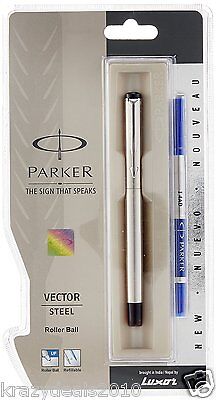 Parker Vector Classic Steel Chrome Trim CT Rollerball Pen Roller Ball Blue Ink