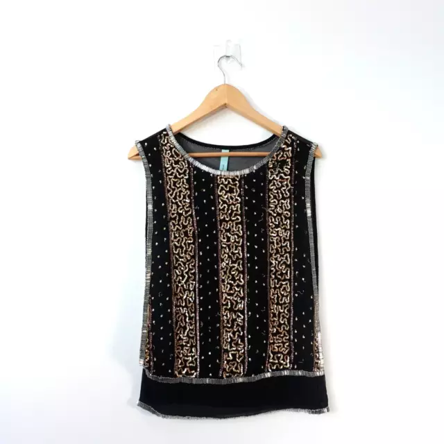 Black Sequin Top Women Size XS Sheer Beaded Indian See Though Boho Casual JALOUX