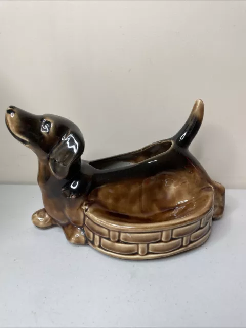 Mid Century Dachshund Weiner Dog Planter Trinket Dish Brown Ceramic EUC