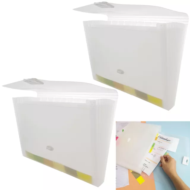 2 Large Expandable 13 Pocket File Folder Paper Organizer Accordion Office Clear