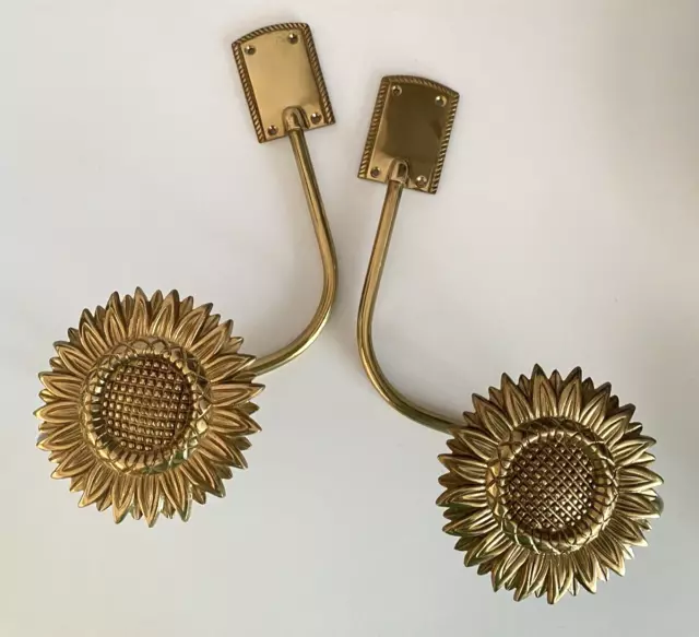 Vintage Pair Sunflower Brass Wall Mount Hook Curtain Drapery Tie Backs Retro