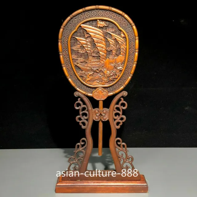 Old Collectible Chinese Boxwood Hollow Out Sailboat Fan Folding Screen Statue