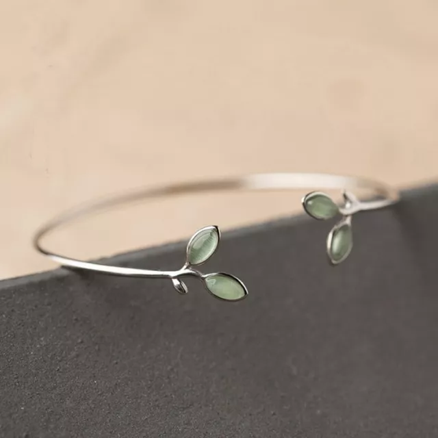 925 Silver Green Leaf Bracelet Adjustable Cuff  Bangle Women Party Jewelry Gift