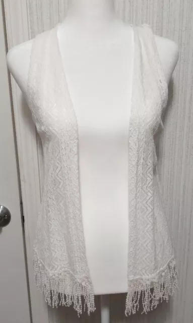 Sequin Hearts Girls White Lace Open Front Vest w/Fringe Size 12 EUC