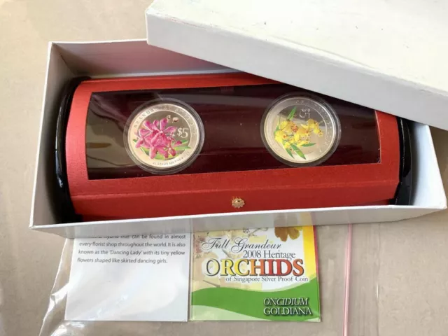 Singapore 2008 Orchids 5 Dollars Set of 2 Silver Coins,Proof