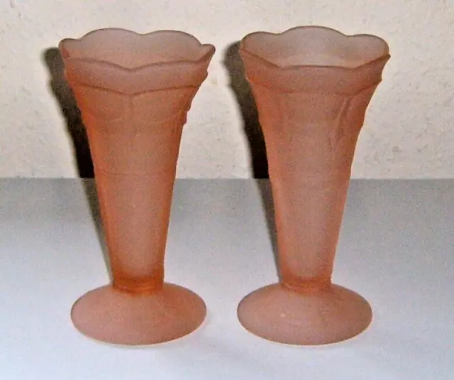 A PAIR of ART DECO SOWERBY PINK OPAQUE ( FROSTED ) GLASS VASES