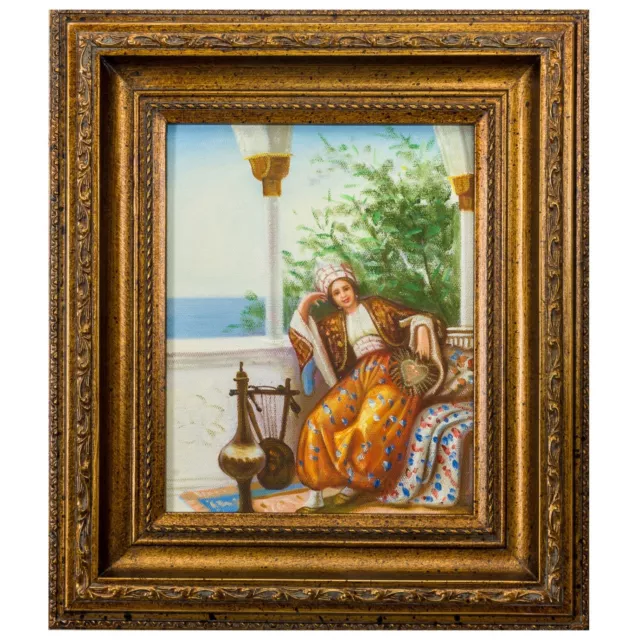 Pintura al óleo originales con marco mujer ventalle fronda estilo antiguo 38cm