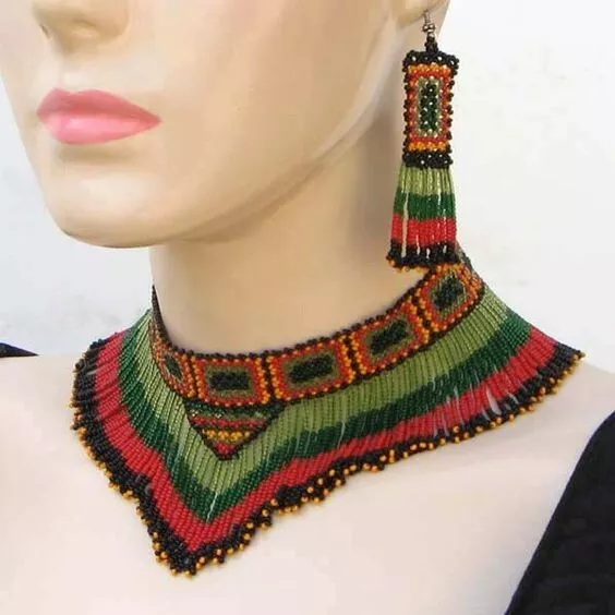 Huichol Indian Beaded Flower Necklace & Earrings Handmade Mexican Folk Art Boho