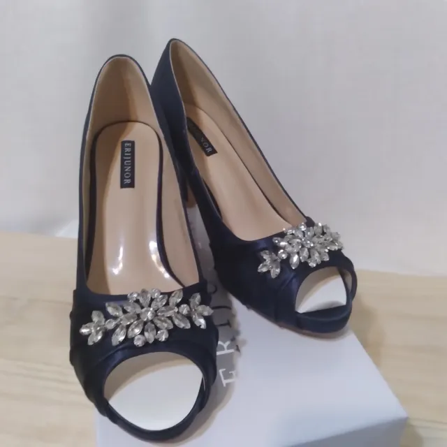 Erijunor Peep Toe Heels Womens Size 10.5 Navy Satin Rinestone Wedding Prom Nwt