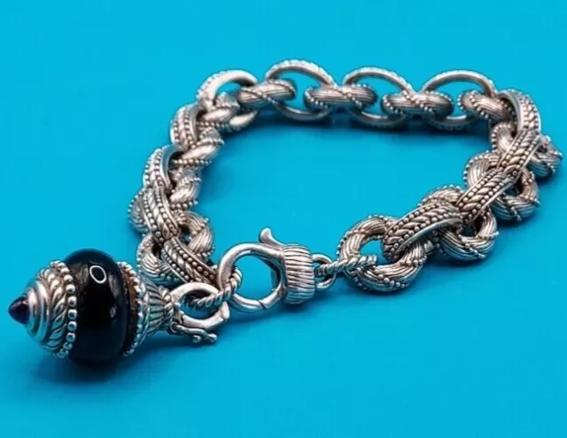 Judith Ripka Twist link 925 silver Bracelet 8" onyx enhancer detachable dangle