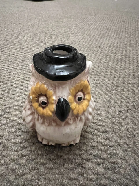 Vintage Old Stock 3.25” Ceramic Macrame Brown W Black Hat  Owl Bead