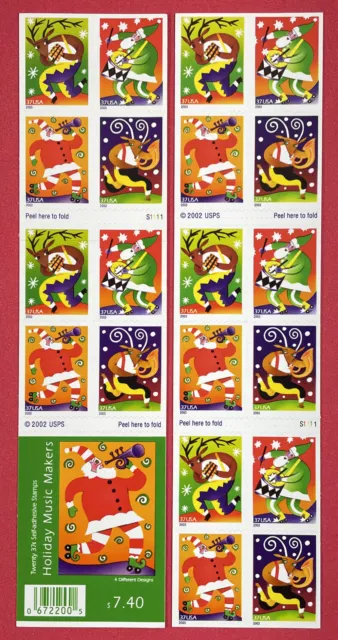 3821-3824b HOLIDAY MUSICMAKERS Booklet Pane of 20 US 37¢ Stamps MNH 2003