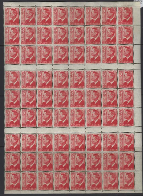 Australia  3d red KGVI right pane of 72 stamps MUH for booklet panes