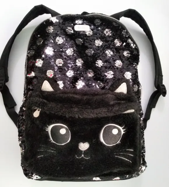 Justice Girls Plush Cat Black/Silver Sequin Full Size Backpack School Bookbag