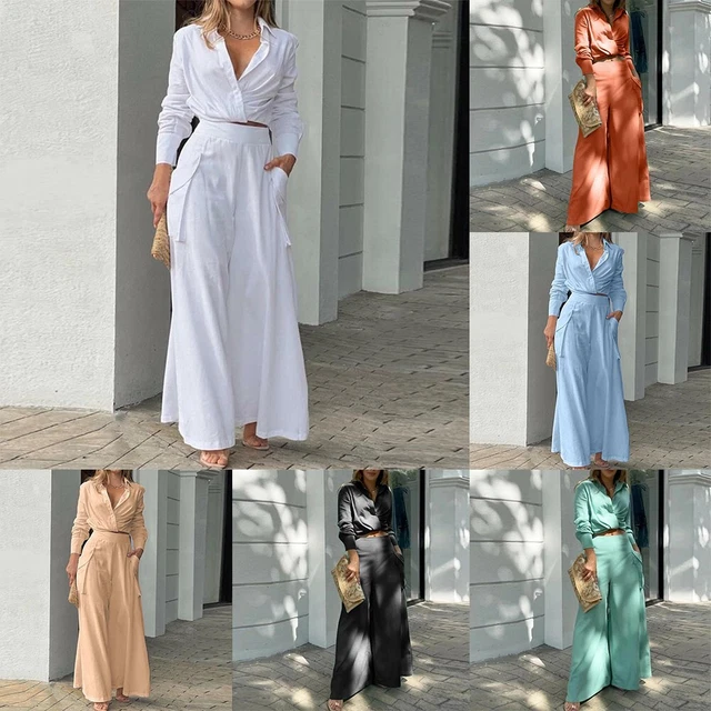 Tuta da ufficio donna in due pezzi con pantaloni a gambe larghe e camicia collo