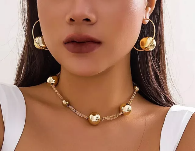 Halskette/Ohrringe Creolen Set, Klobige, vergoldet, verstellbare, große Perlen