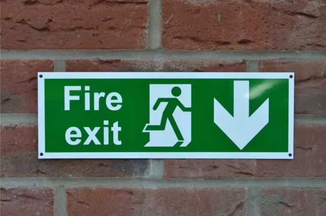 FIRE EXIT DIRECTIONAL ARROW DOWN plastic sign or sticker 300x100mm emergency