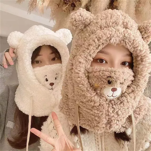 Cartoon Bear Ear Lamb Beanie Hat Mask Warm Balaclava Thickened Ear Protection