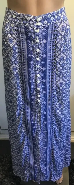RUSTY Ladies Front Button Blue Print Front Slit Midi Rayon Beach Skirt-10