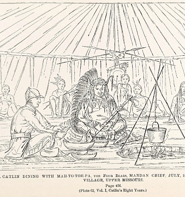 1832 George Catlin with Mandan Indian Chief Engraving 1885 Native Americans