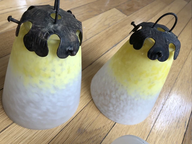 Circa 1920 - Charles Schneider - 3 Grosses Tulipes Verre Lampe Art Deco 3